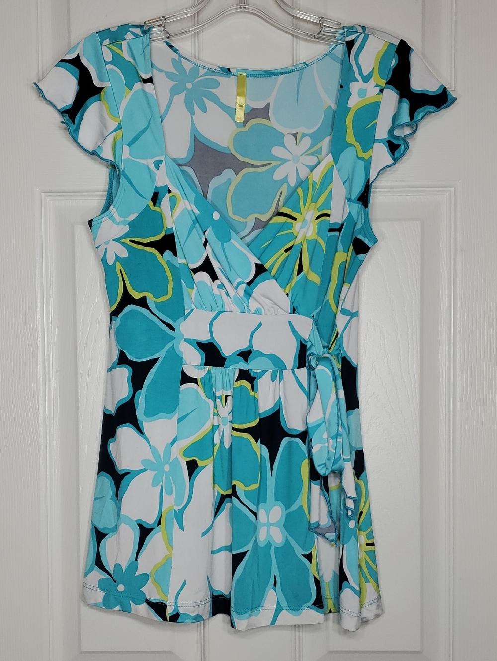 Floral Teal Blouse with Side Tie Flutter Short Sleeve Hawaiian